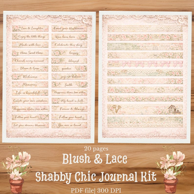 May include: A digital journal kit featuring two pages of blush pink floral and lace patterns. The left page contains rectangular labels with phrases like Love & Laughter, while the right page displays horizontal strips with lace and rose motifs.