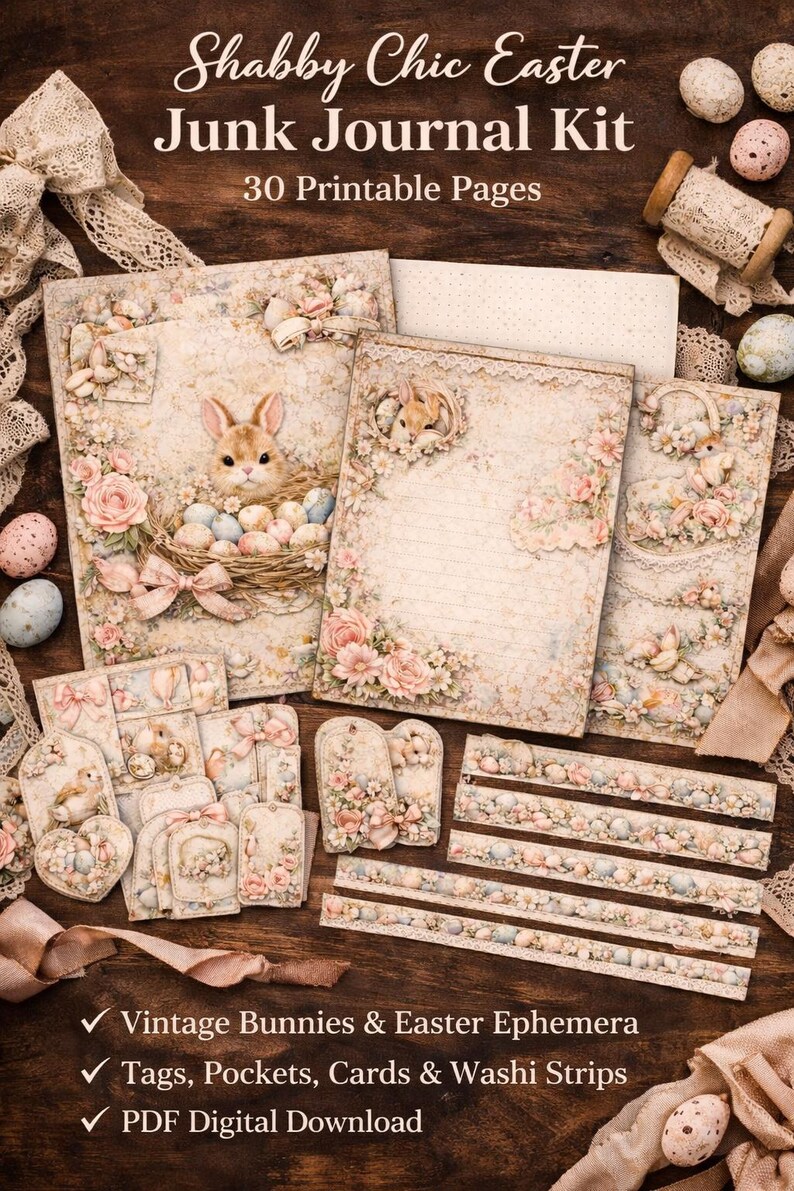 Shabby Chic Easter Junk Journal Kit | Vintage Bunnies, Pastel Ephemera ...
