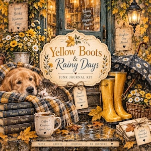 May include: A junk journal kit featuring a golden retriever and a tabby cat resting on a stack of books, yellow rain boots, a daisy-patterned umbrella, and a mug with the text Coffee Kindness Good Days, surrounded by autumn leaves and flowers.
