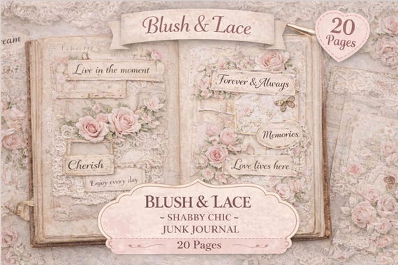 Blush & Lace Shabby Chic Journal Kit | Printable Junk Journal Pages | Floral Lace Vintage Journal | A4 Digital Download