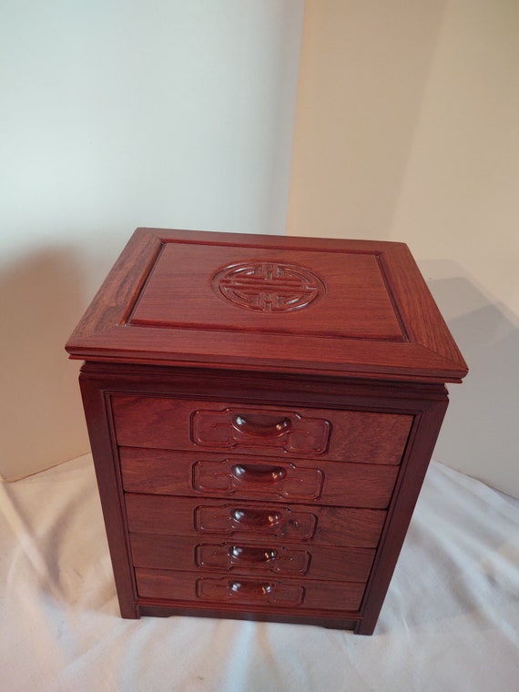 Rosewood Chinese Jewelry Box with Silk Brocade lin