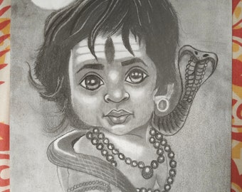 Handmade pencil sketch of Bala shiva for home decor