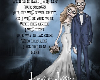 Couple Portrait Tim Burton Style ,With This Hand I Lift,Valentines Day gift,Wedding Gift,nightmare portrait