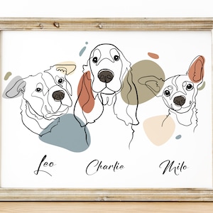 Könnte beinhalten: Linienkunst-Illustration von drei Hunden mit ihren Namen Leo, Charlie und Milo, die darunter geschrieben sind. Die Hunde sind in einem minimalistischen Stil mit abstrakten Formen in gedeckten Farben dahinter gezeichnet.