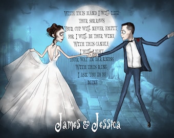 Portraits personnalisés de dessins animés, Style Tim Burton, Avec cette main que je lève, Portrait de couple, Cadeau pour la Saint-Valentin, Cadeau de mariage, Halloween