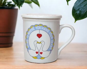 Vintage Geese Kissing Hearts Coffee Cup with Lid/Coaster Home is Where You Hang Your Heart