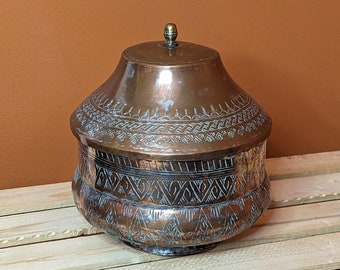 Antique/Vintage Tinned Copper Middle Eastern Hand-made Bowl with Lid · Brass Handle Etched Designs