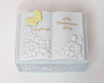 Vintage 1996 Enesco White Bisque Porcelain In His Light My Confirmation Day Trinket Box · Yellow Butterfly with Embossed Flowers