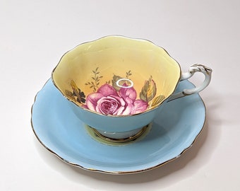 Rare Paragon Blue Teacup and Saucer • Pink Cabbage Rose Double Warrant