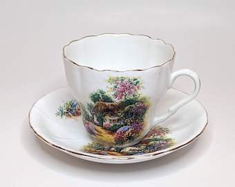 Vintage Melba Bone China Teacup and Saucer • Cottage Scene