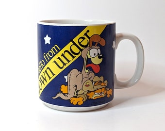 Vintage 70s Garfield Mug · Hello From Down Under Australia Flag Mug · Collectible Garfield and Otis Coffee Cup