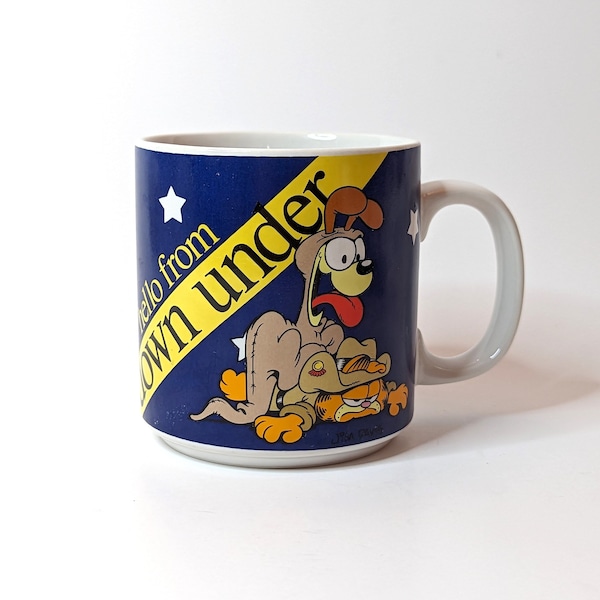 Vintage 70s Garfield Mug · Hello From Down Under Australia Flag Mug · Collectible Garfield and Otis Coffee Cup