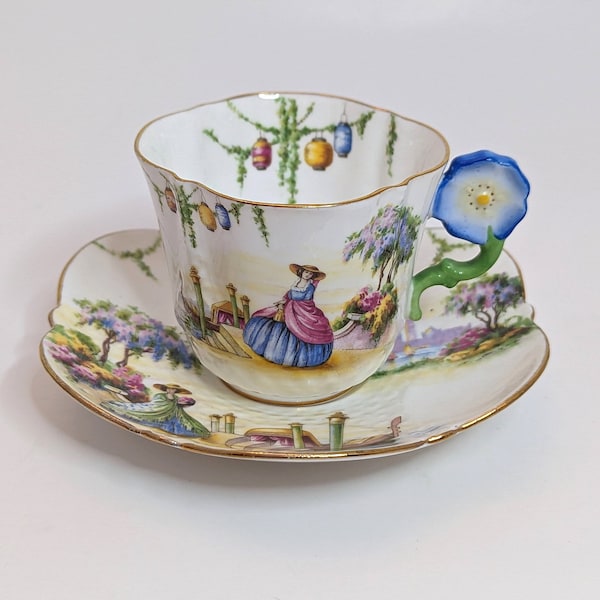 EXTREMELY RARE 1920s Aynsley Teacup and Saucer • Venetian Lady w/ Flower Handle