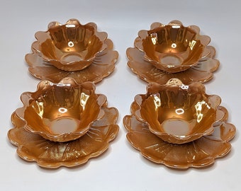 Vintage Peach Fire-King Lusterware Set of 4 Lotus Blossom Dessert Dish Bowls and Saucers