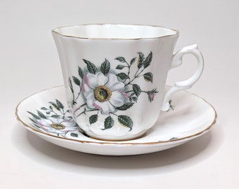 Royal Grafton "Melrose" Teacup and Saucer • White Flower and Pink Buds