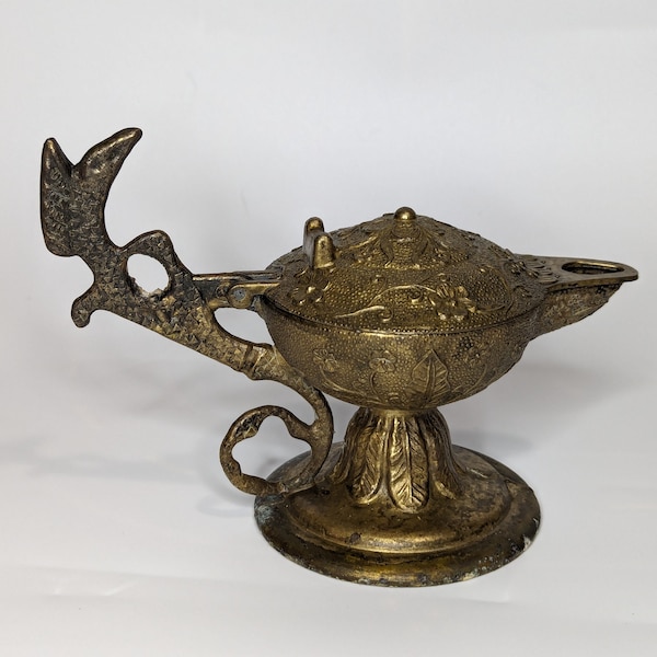 Vintage Brass Ornate Teapot Oil Pitcher w/ Lid Serpentine Handle - Middle Eastern Style, Boho Decor