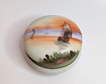 Antique Nippon Japan Scenic Sail Boat Scene Hand-Painted Lidded Trinket Box