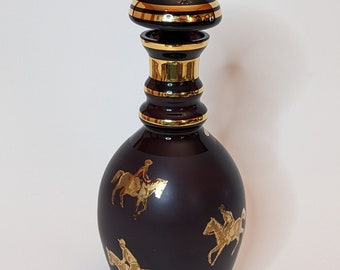 Vintage Equestrian Purple Frosted Glass Decanter with Gold Gilt · Bohemian Glass Borske Sklo · Czechslovakia