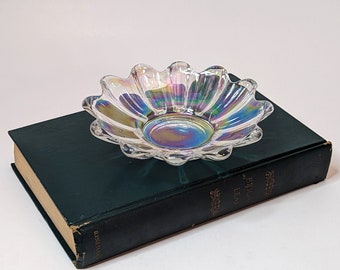 Vintage Federal Glass Iridescent Small Shallow Bowl 5.75" Floral Daisy Trinket Dish