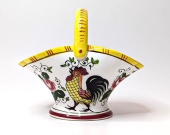 Vintage Ucago Japan Ceramic Basket w/Handle · Hand-Painted Early Provincial Pattern · Rooster and Rose