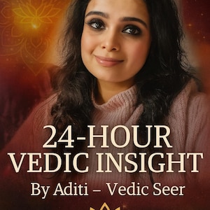 May include: A woman with dark hair and a pink sweater smiles against a warm background. The text "24-HOUR VEDIC INSIGHT" is displayed, along with the author's name, Aditi, and a lotus flower graphic.