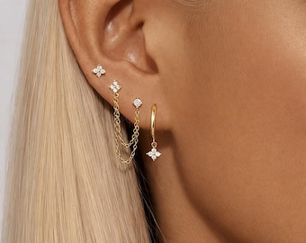 Vergulde gestapelde oorbellen met zirkonia, minimalistische hanger met studs
