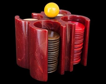 Vintage 1930s Art Deco Catalin Cherry Amber Phenolic Bakelite Pocker Chip Caddy Holder
