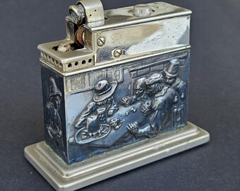 Vintage Mylflam 835 Sterling Silver Figural Table Lighter Tavern Scene Relief