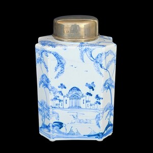 Vintage Isis Ceramics Deborah Sears Blau-Weiße Teedose mit Deckel aus 925er Sterlingsilber