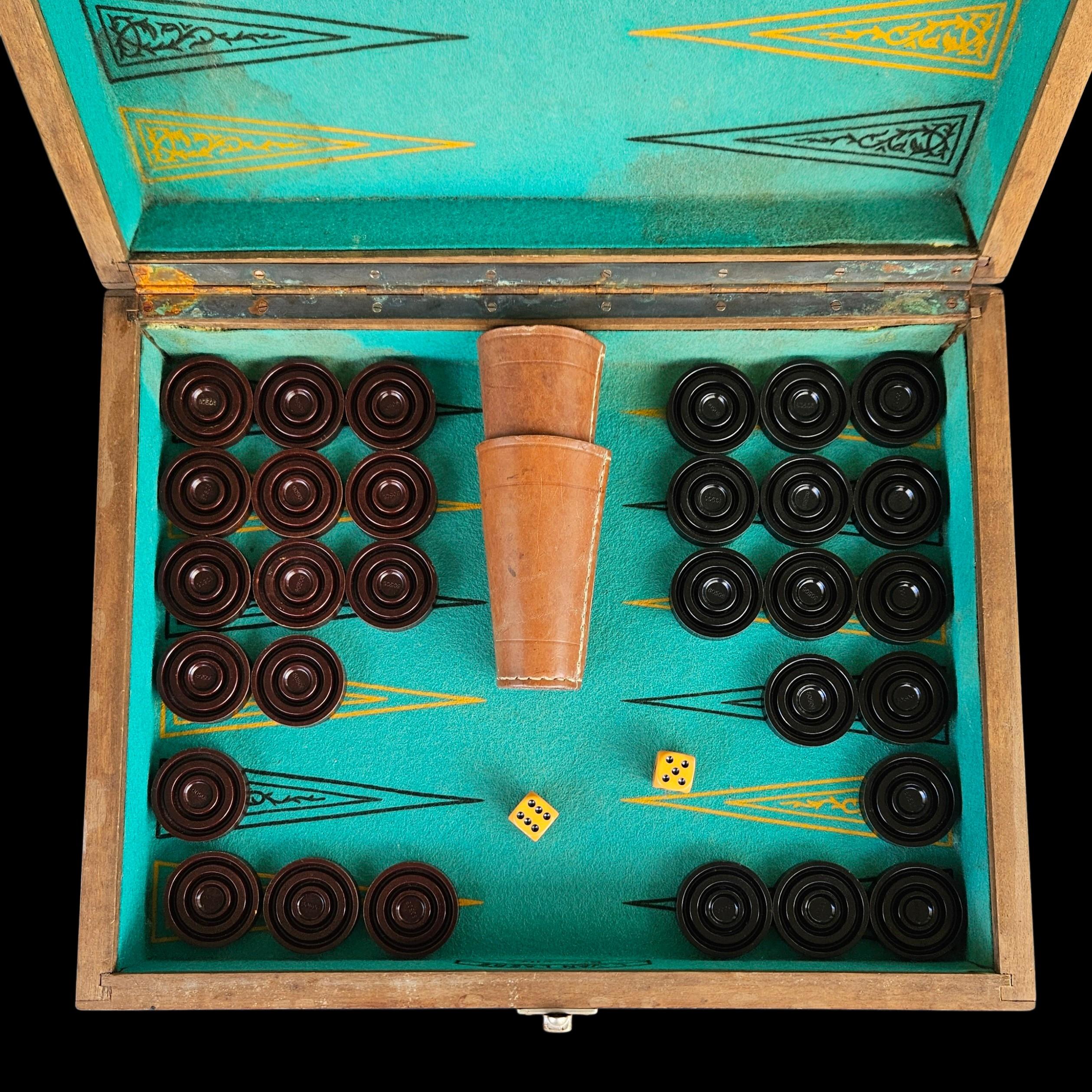 Jeu De Backgammon Vintage – Pions En Bakélite Catalin, Jaune Et Noir, 35 Mm, étui Cuir