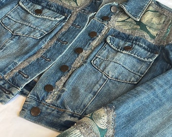 Custom Denim Jacket Reworked with Appliqué Lace and Fine Fabrics