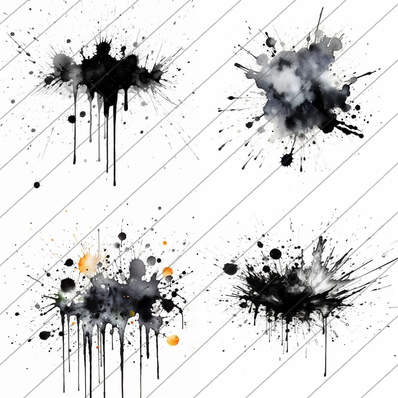 Black Watercolor Splash Art, Clipart, Card Making, Wall Art Decoration