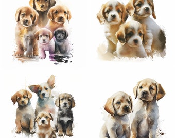 Cute Puppies Watercolor Art, Cute Nature Animal Sublimation, Photo Bundle, Watercolor clipart, Digital download, Set of 4, Wall Art Decor