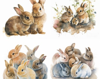 Cute Baby Bunnies Watercolor, Cute Nature Animal Sublimation, Photo Bundle, Watercolor clipart, Digital download, Set of 4, Wall Art Decor