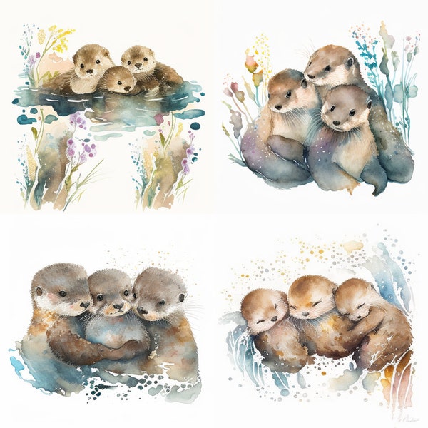 Cute Baby Otters Watercolor, Cute Nature Animal Sublimation, Photo Bundle, Watercolor clipart, Digital download, Set of 4, Wall Art Decor