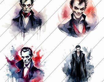 Watercolored Dracula Art, Vampire Clipart, Card Making, Wall Art Decoration, Printable Digital Download, Set of 4, HD, Halloween Art