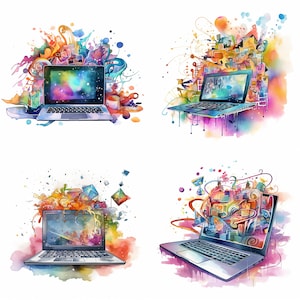 Watercolor Laptop Computer, Clipart, Card Making, Wall Art Decoration, Technologies, Printable Digital Download, Set of 4, HD image 1