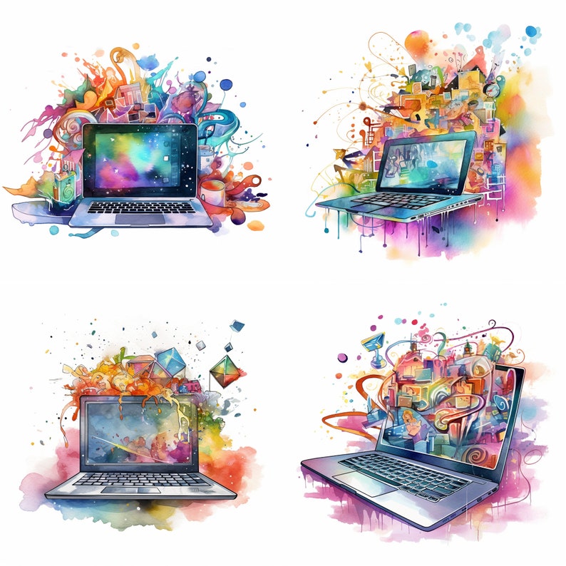 Watercolor Laptop Computer, Clipart, Card Making, Wall Art Decoration, Technologies, Printable Digital Download, Set of 4, HD image 1