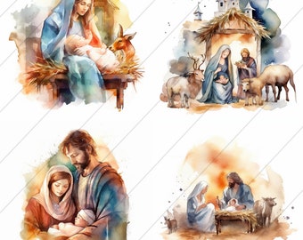 Crèche numérique aquarellée avec Jésus Art, Clipart, Fabrication de cartes de Noël, Décoration d’art mural, Téléchargement numérique imprimable, HD