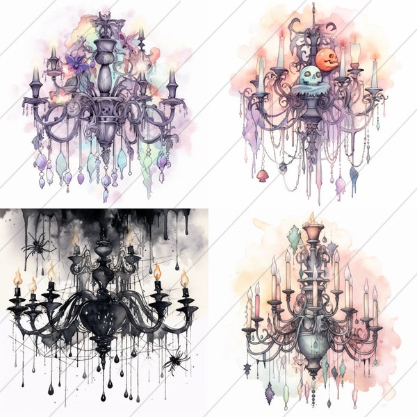 Haunted Watercolor Halloween Chandelier Art, Clipart, Card Making, Wall Art Decoration, Printable Digital Download, Set of 4, HD