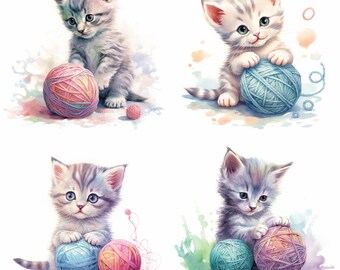 Watercolor Cute Kitten, Clipart, Card Making, Wall Art Decoration, Animal, Printable Digital Download, Set of 4, HD
