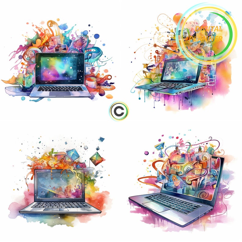 Watercolor Laptop Computer, Clipart, Card Making, Wall Art Decoration, Technologies, Printable Digital Download, Set of 4, HD image 2