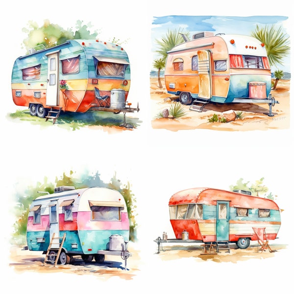 Watercolor Vintage Travel Trailer, Clipart, Card Making, Wall Art Decoration, Automobile, Printable Digital Download, Set of 4, HD