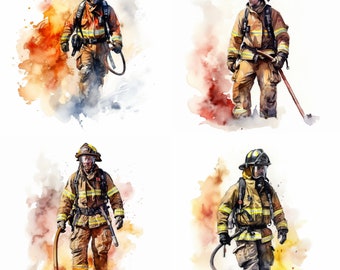 Watercolor Firefighter, Clipart, Card Making, Profesion, Wall Art Decoration, Peple, Printable Digital Download, Set of 4, HD