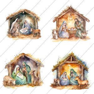 Digital Watercolored Nativity Scene With Jesus Art, Clipart, Card Making, Wall Art Decoration, Printable Digital Download, Digital Clipart