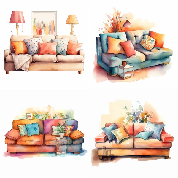 Watercolor Sofa Set, Clipart, Card Making, Furniture, Wall Art Decoration, Printable Digital Download, Set of 4, HD