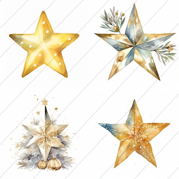 Golden Watercolor Christmas Star, Clipart, Card Making, Wall Art Decoration, Printable Digital Download, Set of 4, HD, Printable Decorations