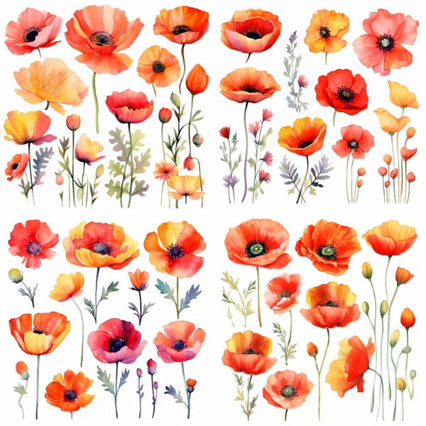 Watercolor Bright Poppies, Flower Clipart, Card Making, Wall Art Decoration, Printable Digital Download, Set of 4, HD