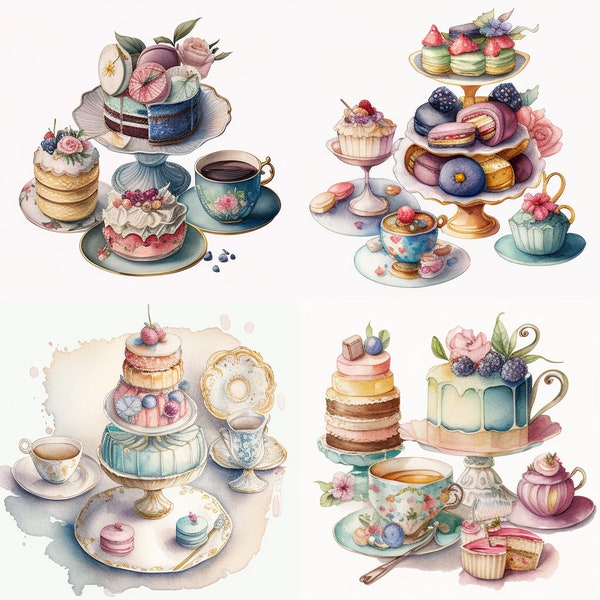 Watercolor Tea Party, Clipart, Commercial Card Making, Wall Art Decoration, Printable Digital Download, Set of 4 HD