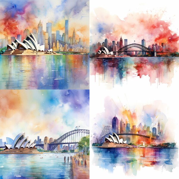 Watercolor Sydney Skyline, Architecture, Card Making, Wall Art Decoration, Lanscape, Printable Digital Download, Set of 4, HD